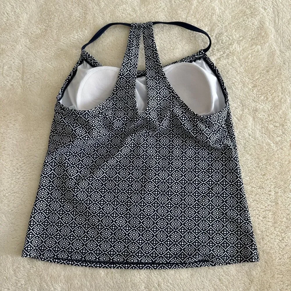 Kona Sol Tankini Swim Top Sz S Navy White Geometric Print Padded Halter Beach